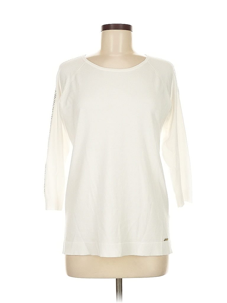 Pre-owned Calvin Klein 3/4 Sleeve Top Ivory Scoop Neck Tops In White