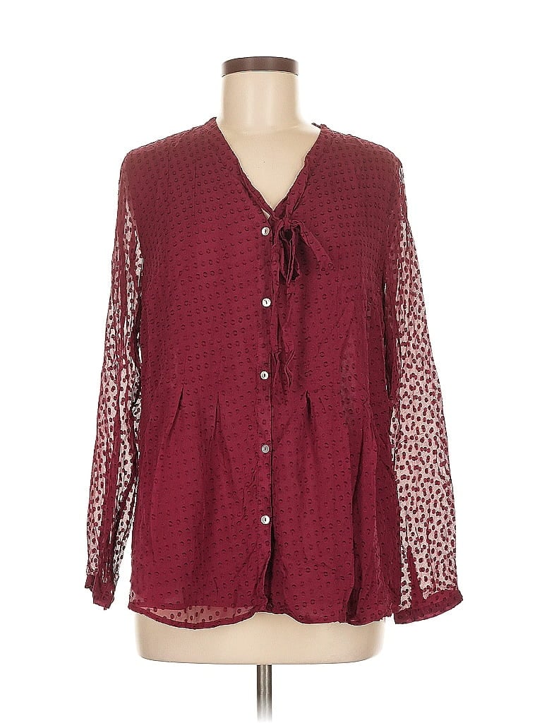 Pre-owned Meadow Rue Long Sleeve Silk Top Burgundy Keyhole Neckline Tops