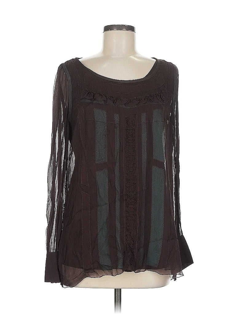 Pre-owned Carlisle Long Sleeve Silk Top Brown Square Neckline Tops