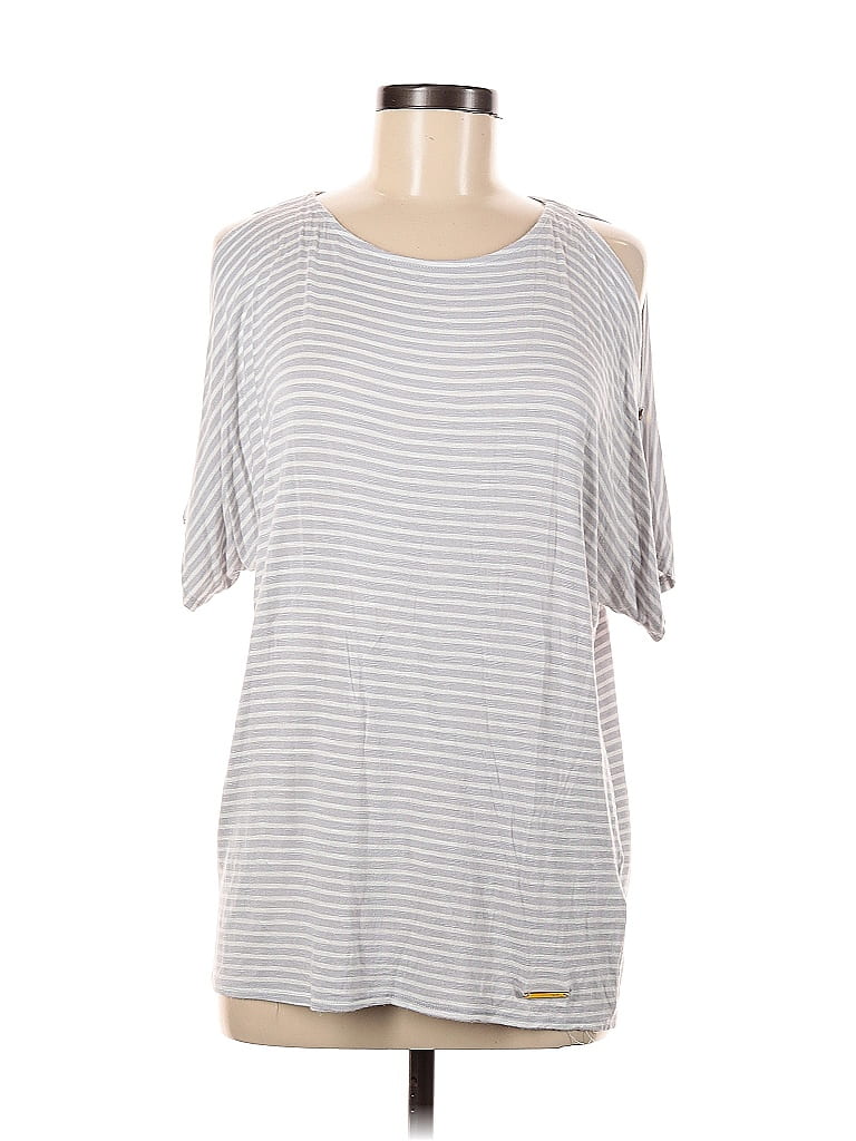 Pre-owned Jones New York Signature Short Sleeve Top Silver Cold Shoulder Neckline Tops