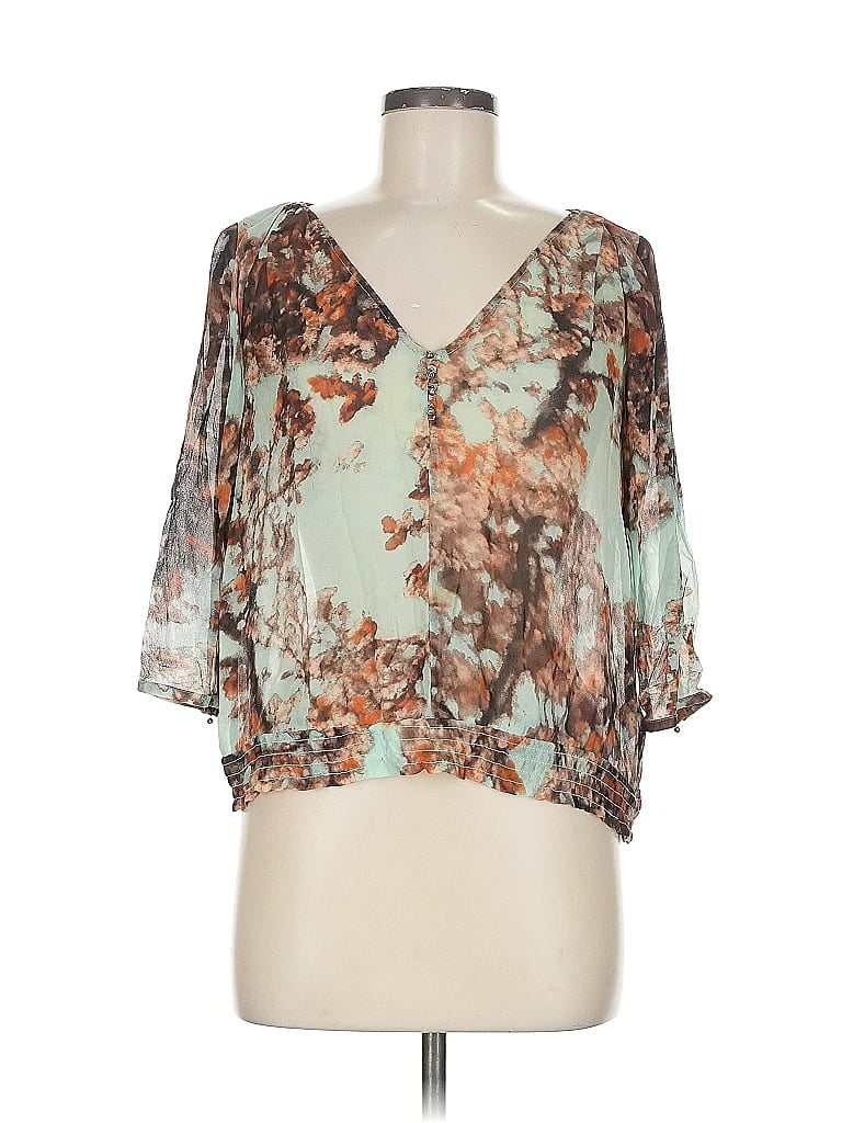 Pre-owned Ted Baker 3/4 Sleeve Silk Top Brown Plunge Neckline Tops