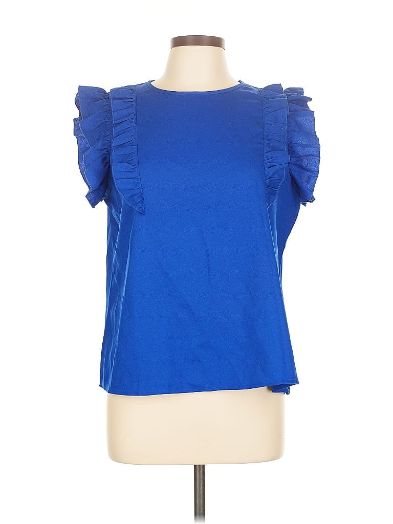 H&M Pre-owned Short Sleeve Top Blue Ruffles Neckline Tops