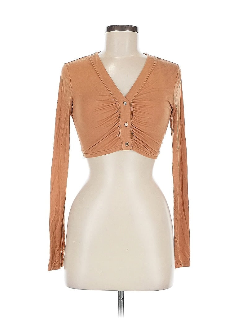 Pre-owned Superdown Long Sleeve Top Tan Plunge Neckline Tops In Brown