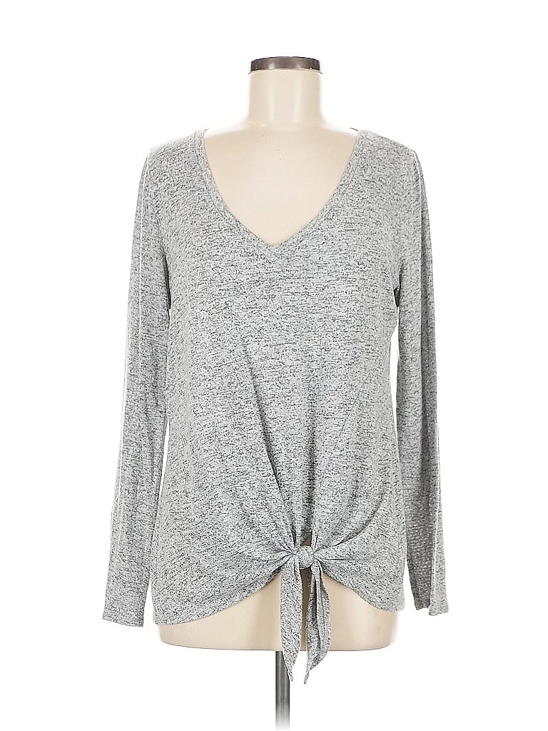 Pre-owned Express Outlet Long Sleeve Top Gray Plunge Neckline Tops