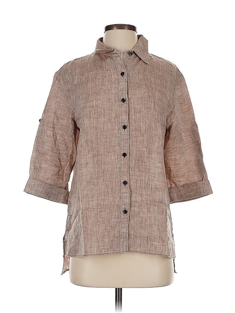 Pre-owned Lafayette 148 3/4 Sleeve Button Down Shirt In Brown