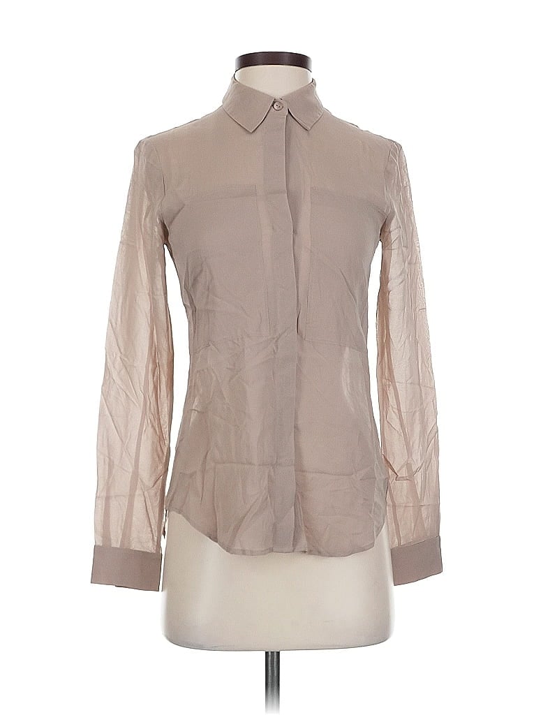 Pre-owned Theory Long Sleeve Silk Top Tan Mock Neckline Tops In Brown