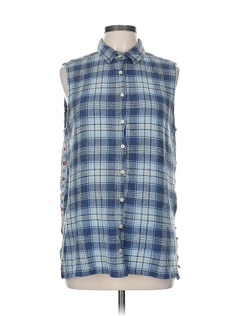 Pre-owned Johnny Was Sleeveless Button Down Shirt In Blue