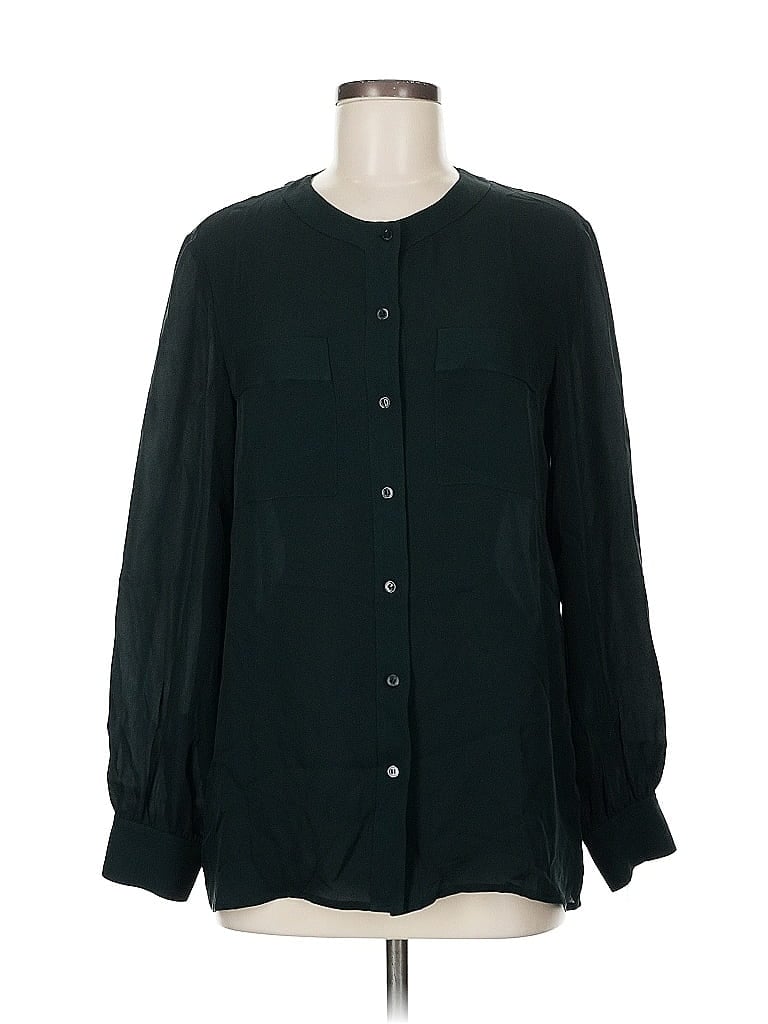 Pre-owned Theory Long Sleeve Silk Top Green Square Neckline Tops