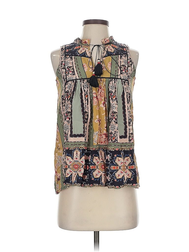 Pre-owned Love Sam Sleeveless Silk Top Green Tie Neck Tops