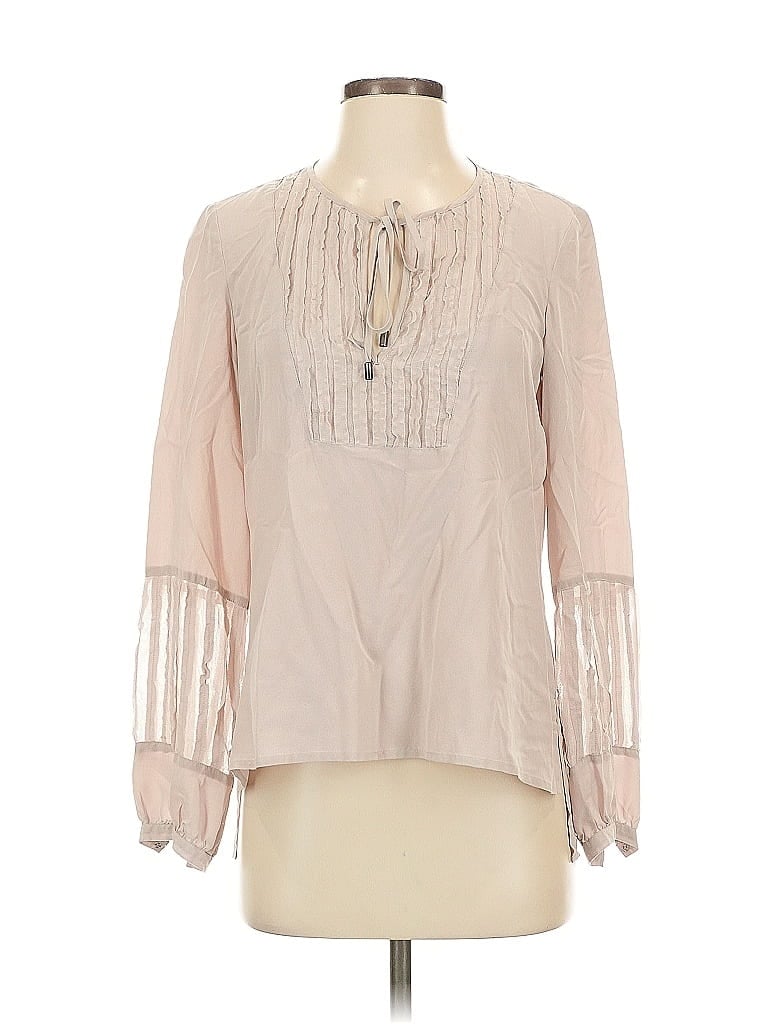 Pre-owned Go By Go Silk Long Sleeve Silk Top Tan Keyhole Neckline Tops In Brown