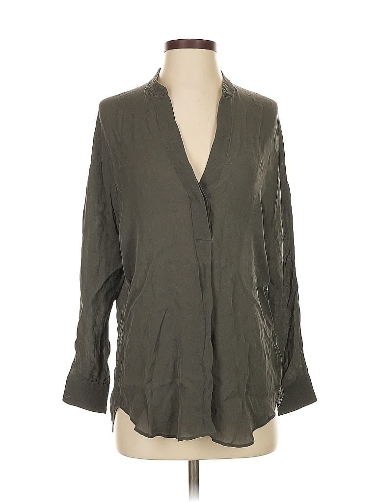 Pre-owned Vince Long Sleeve Silk Top Gray Plunge Neckline Tops