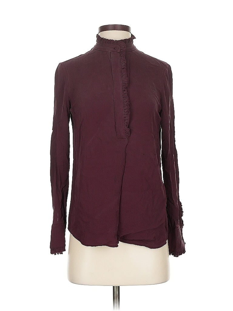 Pre-owned Theory Long Sleeve Silk Top Burgundy Mock Neckline Tops