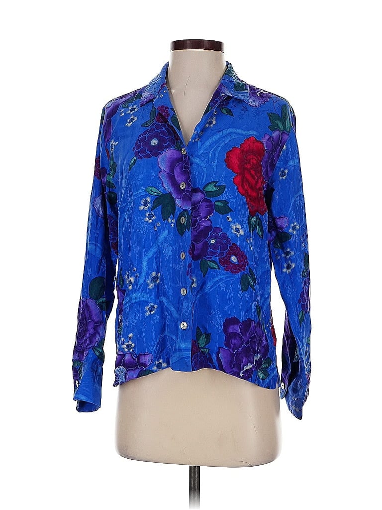 CHICO'S DESIGN Pre-owned Long Sleeve Silk Top Blue Floral Pattern Plunge Neckline Tops