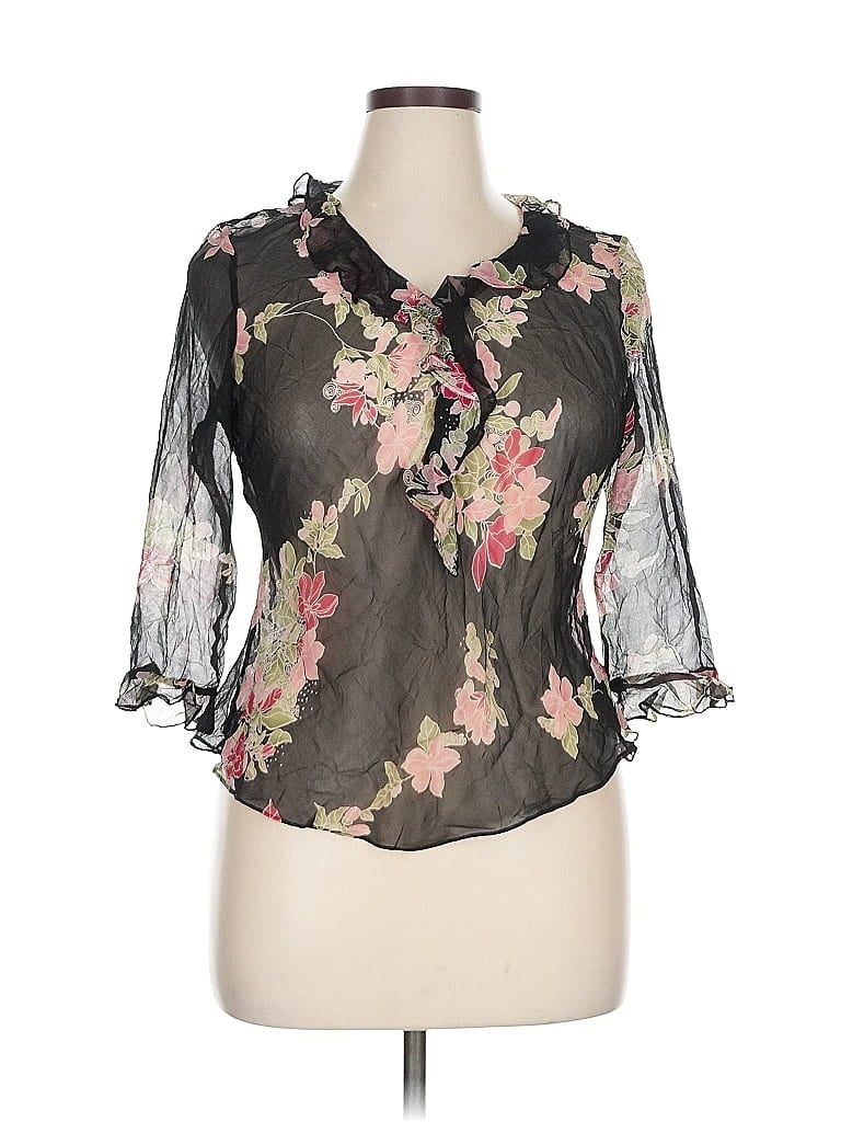 Click to view more detailed imagery on our partner's website Pre-owned Ice 3/4 Sleeve Silk Top Black Floral Pattern Open Neckline Tops