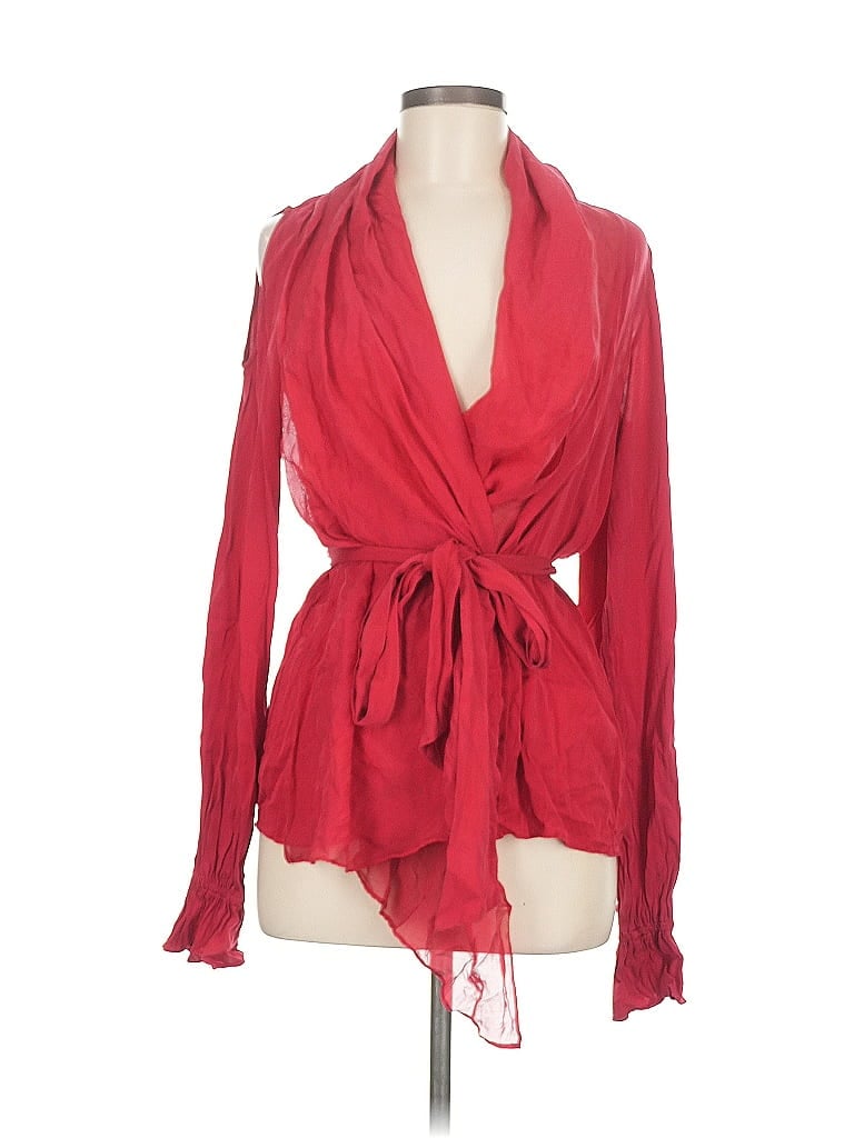 Click to view more detailed imagery on our partner's website Pre-owned Rachel Zoe Long Sleeve Silk Top Red Plunge Neckline Tops
