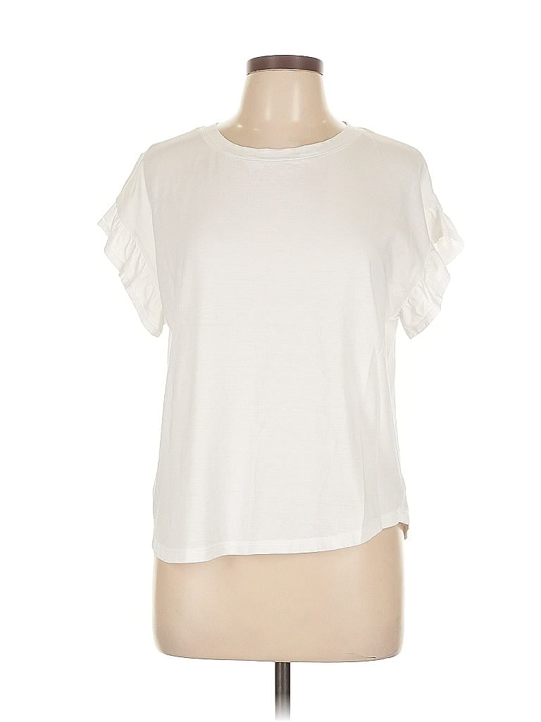 Pre-owned Crown & Ivy Short Sleeve Top Ivory Ruffles Neckline Tops In White