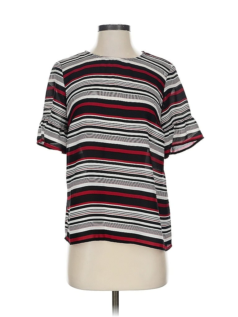 COMO BLU Pre-owned Short Sleeve Top Black Stripes Pattern Crew Neck Tops