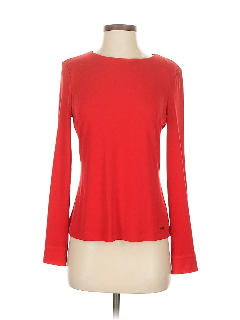 Pre-owned Calvin Klein Long Sleeve Top Red Solid Pattern Boatneck Tops