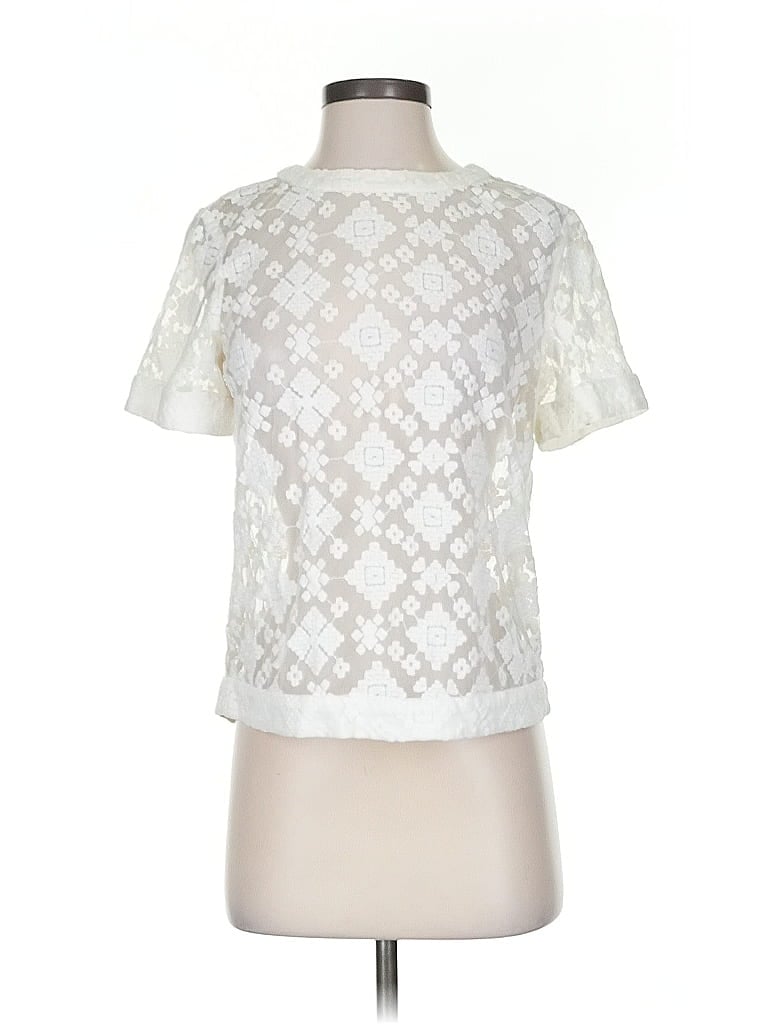 Pre-owned Jigsaw Short Sleeve Top Ivory Mock Neckline Tops In White