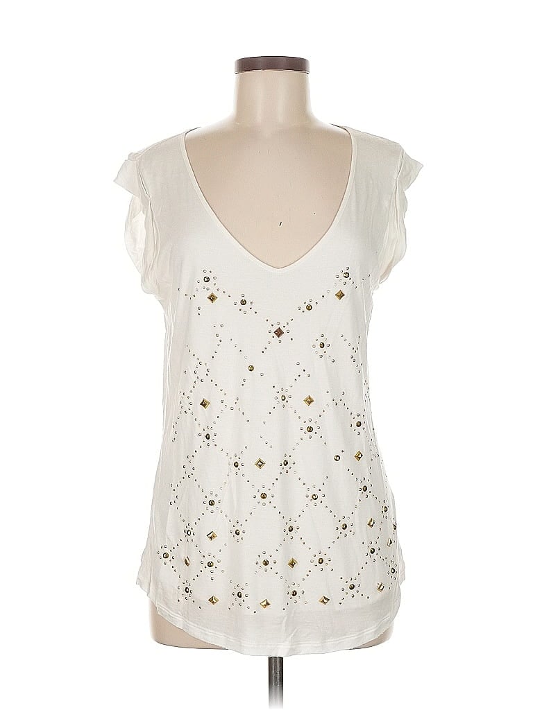 Pre-owned Jennifer Lopez Short Sleeve Top Ivory Sweetheart Neckline Tops In White