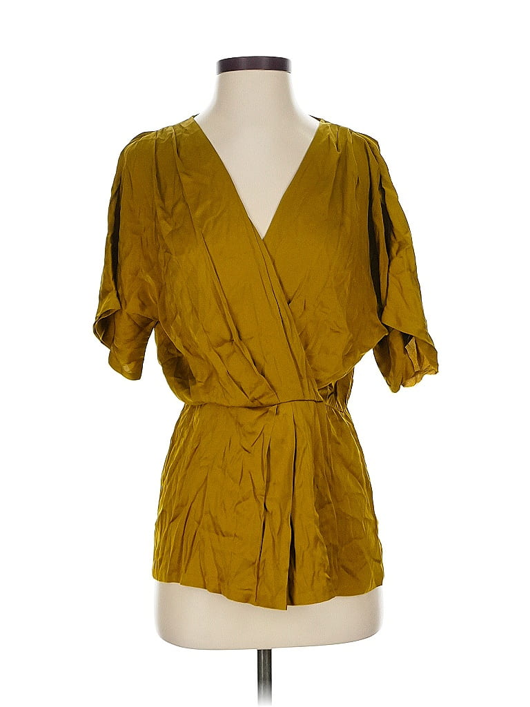 Pre-owned Diane Von Furstenberg Short Sleeve Silk Top Gold Plunge Neckline Tops