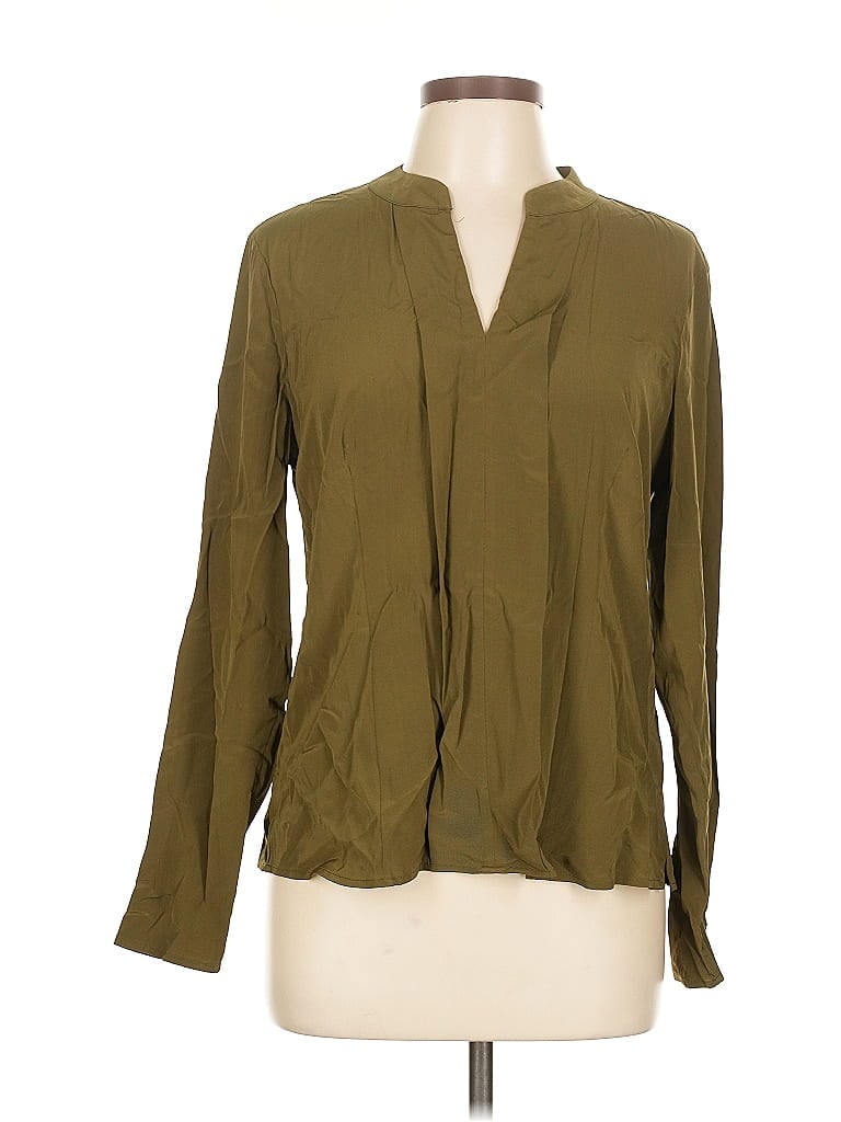 Pre-owned Carlisle Long Sleeve Silk Top Green Plunge Neckline Tops