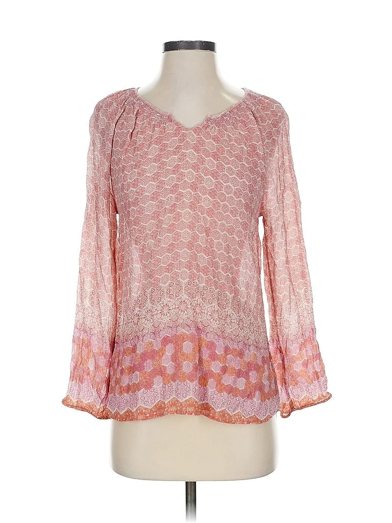 Pre-owned Garnet Hill Long Sleeve Silk Top Pink V Neck Tops