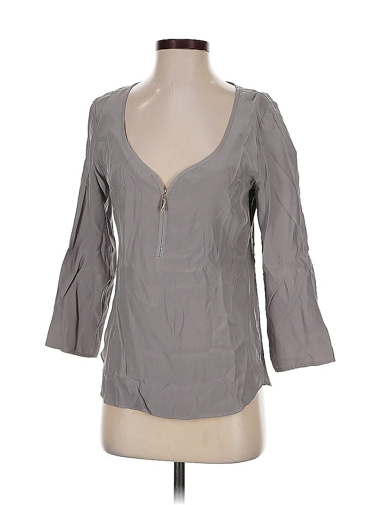 Pre-owned Amanda Uprichard 3/4 Sleeve Silk Top Gray Plunge Neckline Tops