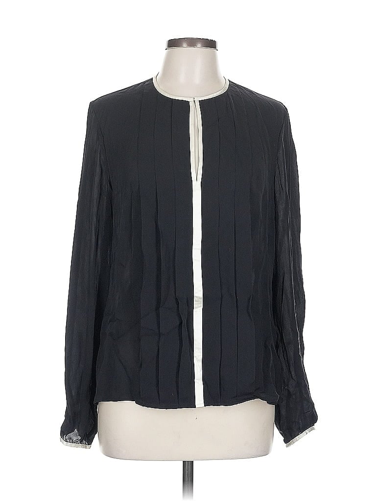 Pre-owned Linda Allard Ellen Tracy Long Sleeve Silk Top Black Square Neckline Tops