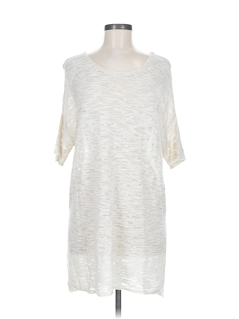 Pre-owned Purejill 3/4 Sleeve Top Ivory Solid Pattern Boatneck Tops In White