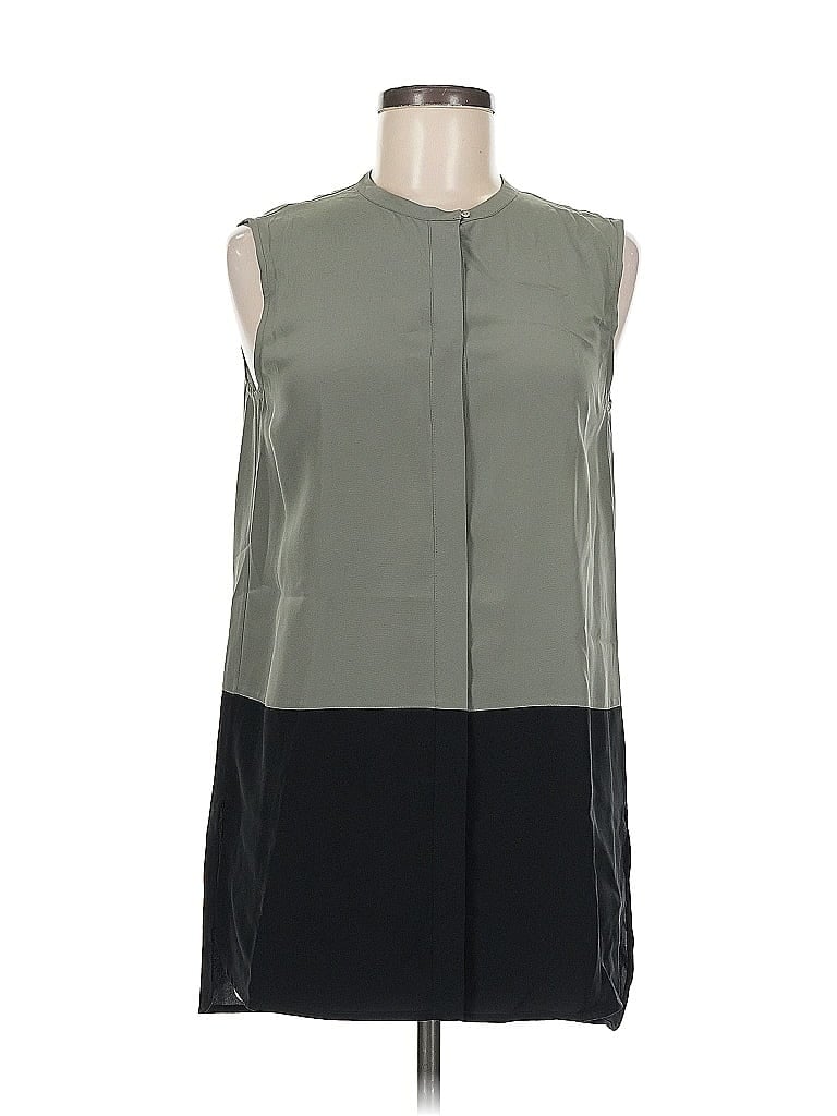 Pre-owned Vince Sleeveless Silk Top Green Color Block Pattern Mock Neckline Tops