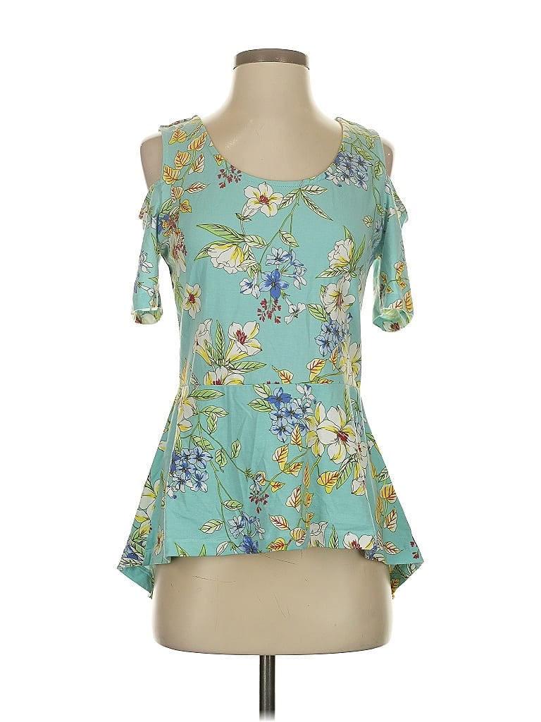 Click to view more detailed imagery on our partner's website Pre-owned Isaac Mizrahi Live Short Sleeve Top Teal Cold Shoulder Neckline Tops In Blue