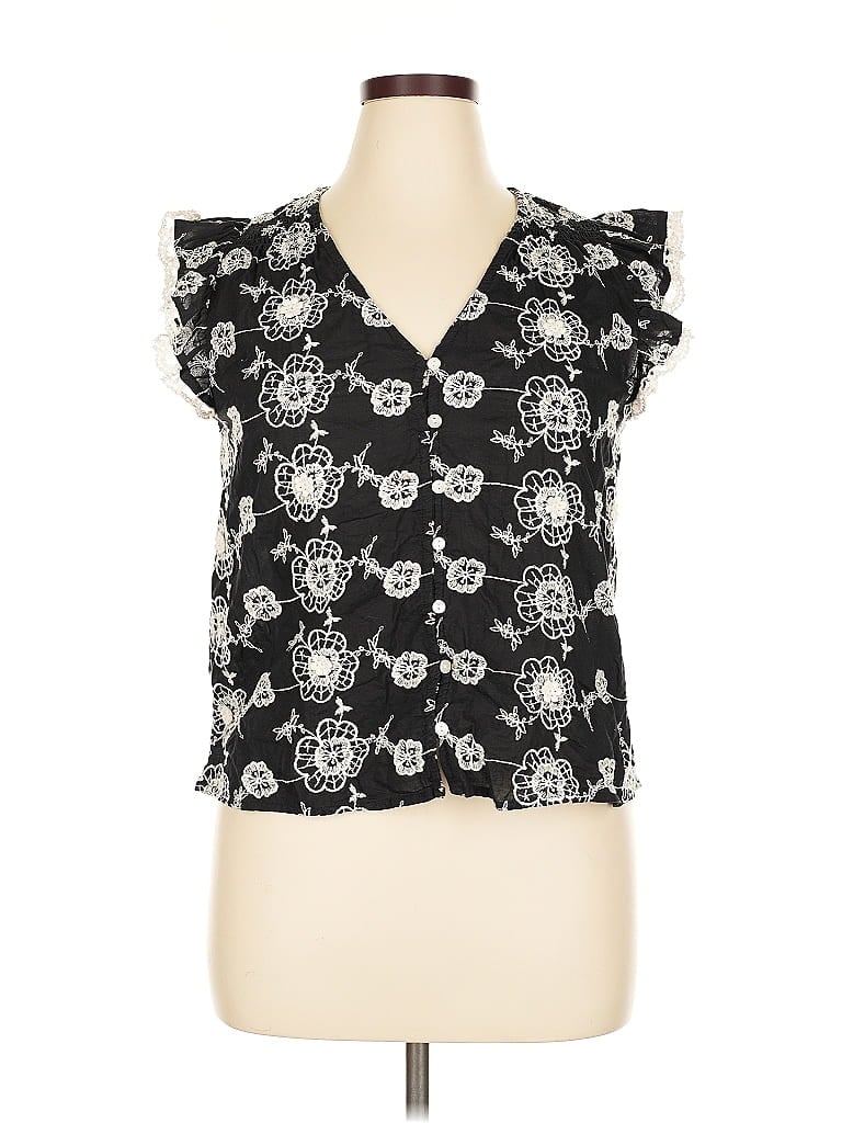Pre-owned Jennifer & Grace Short Sleeve Blouse In Black