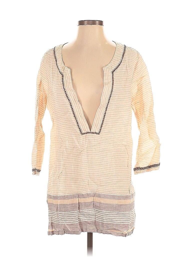 Pre-owned Tommy Bahama 3/4 Sleeve Top Tan Plunge Neckline Tops In Brown