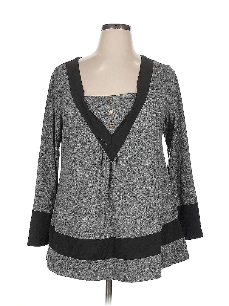 Pre-owned Shein Curve 3/4 Sleeve Top Gray Plunge Neckline Tops