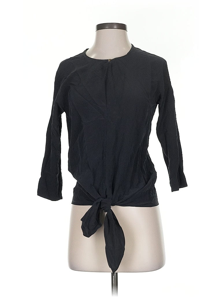 Pre-owned Club Monaco 3/4 Sleeve Silk Top Black Solid Pattern Keyhole Neckline Tops