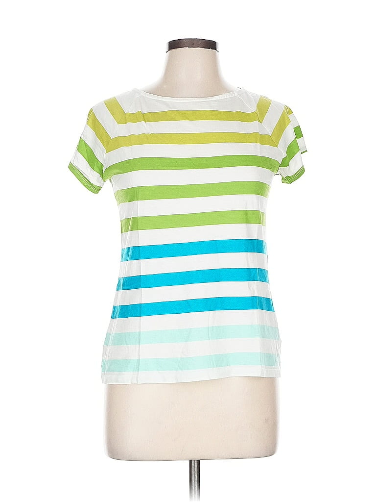 Pre-owned Liz Claiborne Short Sleeve Top Green Stripes Pattern Scoop Neck Tops
