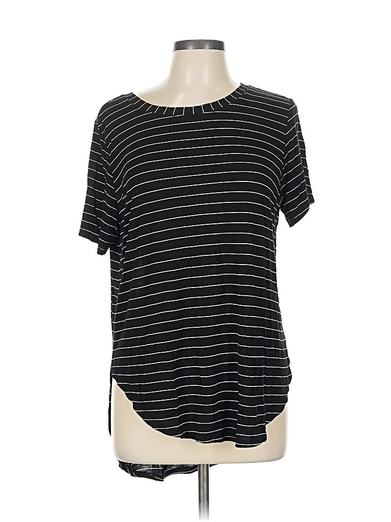 Pre-owned Halogen Short Sleeve Top Black Stripes Pattern Crew Neck Tops