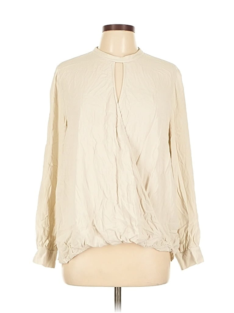 Pre-owned Eileen Fisher Long Sleeve Silk Top Ivory Keyhole Neckline Tops In White