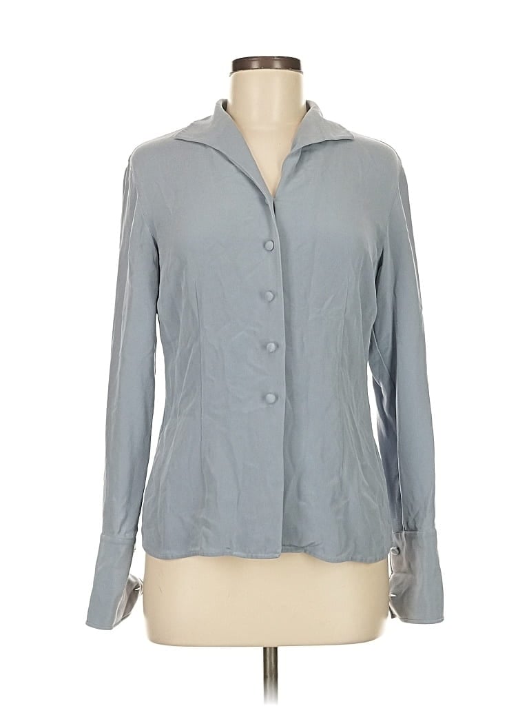 Pre-owned Inc International Concepts Long Sleeve Silk Top Gray Collared Neckline Tops