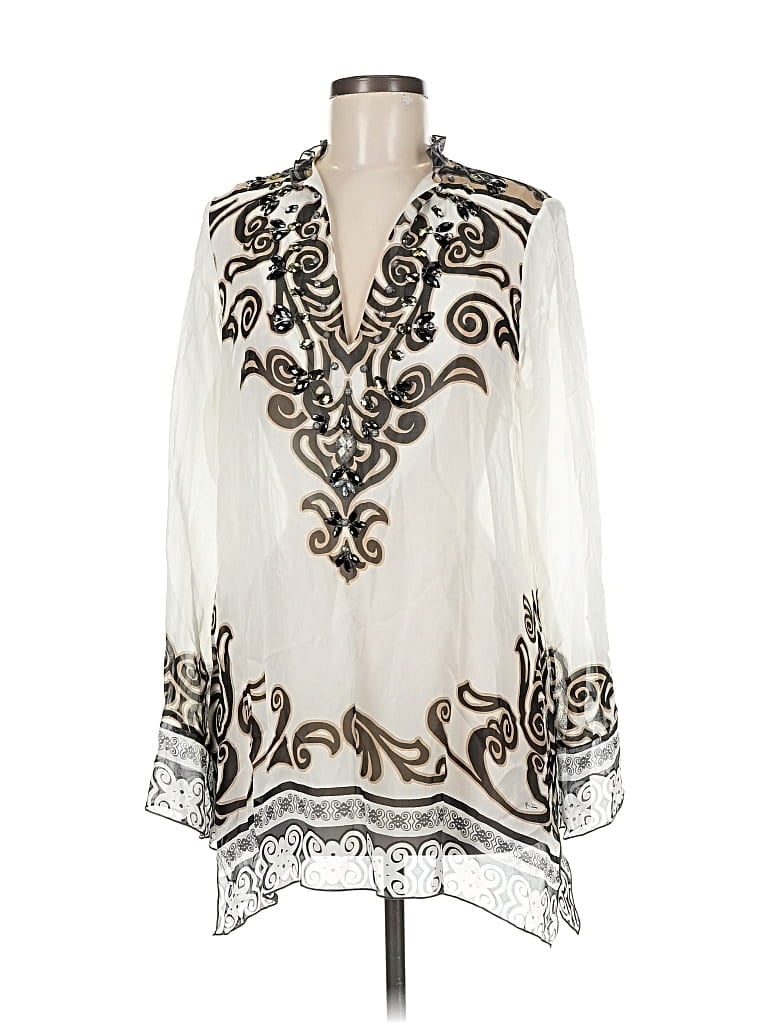 Pre-owned Hale Bob Long Sleeve Silk Top Ivory Plunge Neckline Tops In White