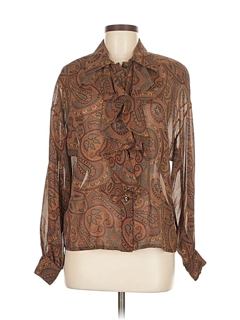 Pre-owned Linda Allard Ellen Tracy Long Sleeve Silk Top Brown Paisley Pattern Cowl Neck Tops