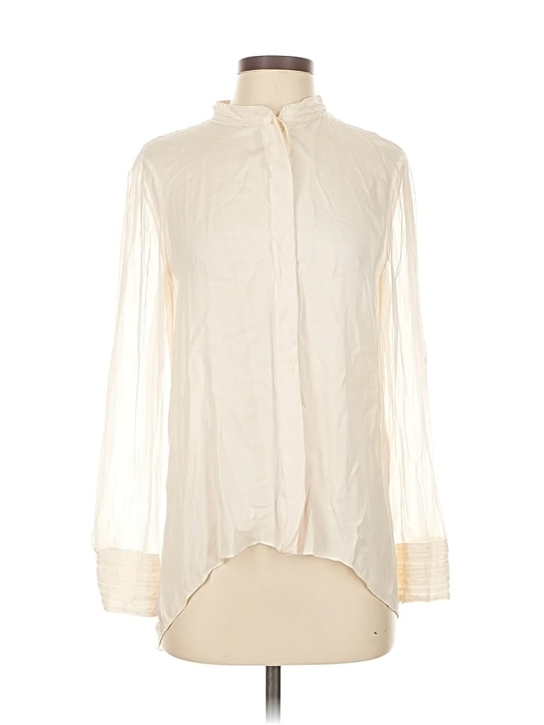 Pre-owned Elie Tahari Long Sleeve Silk Top Ivory High Neck Tops In White