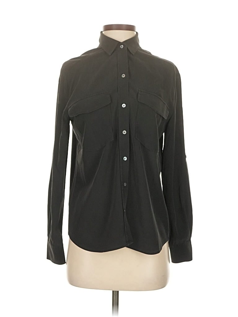 Pre-owned Tommy Bahama Long Sleeve Silk Top Black Collared Neckline Tops