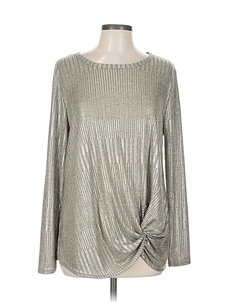 Pre-owned Kim & Cami Long Sleeve Top Silver Metallic Pattern Boatneck Tops
