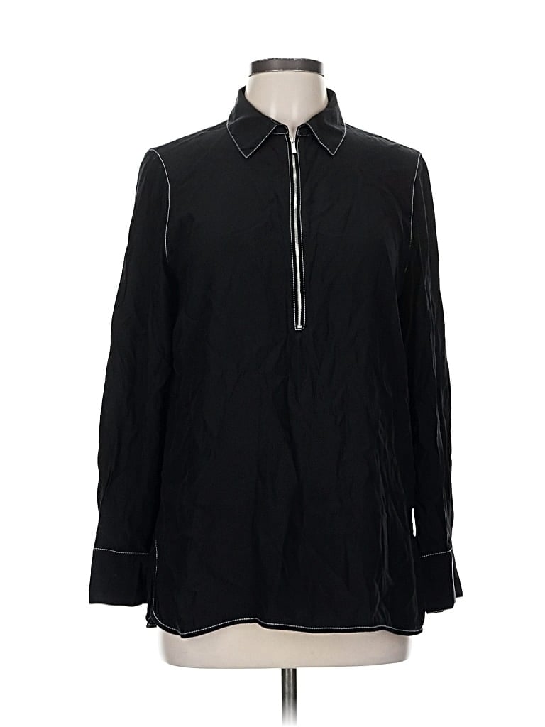 Pre-owned Lafayette 148 Long Sleeve Silk Top Black Collared Neckline Tops