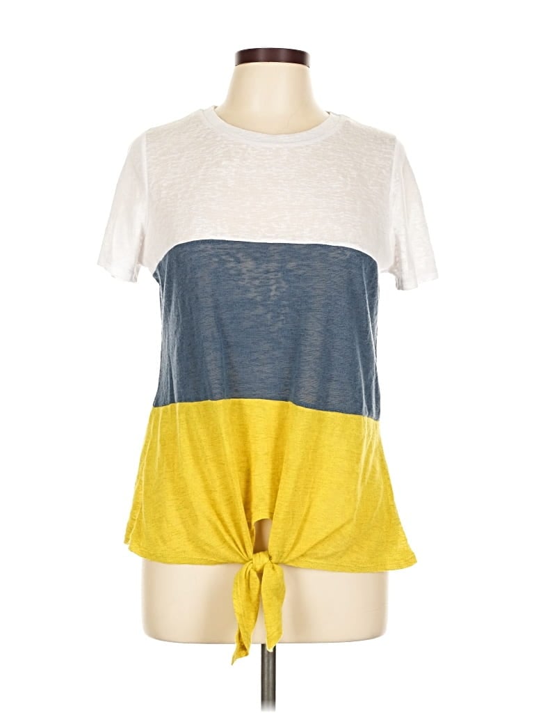 Pre-owned Signature Studio Short Sleeve Top Yellow Color Block Pattern Crew Neck Tops