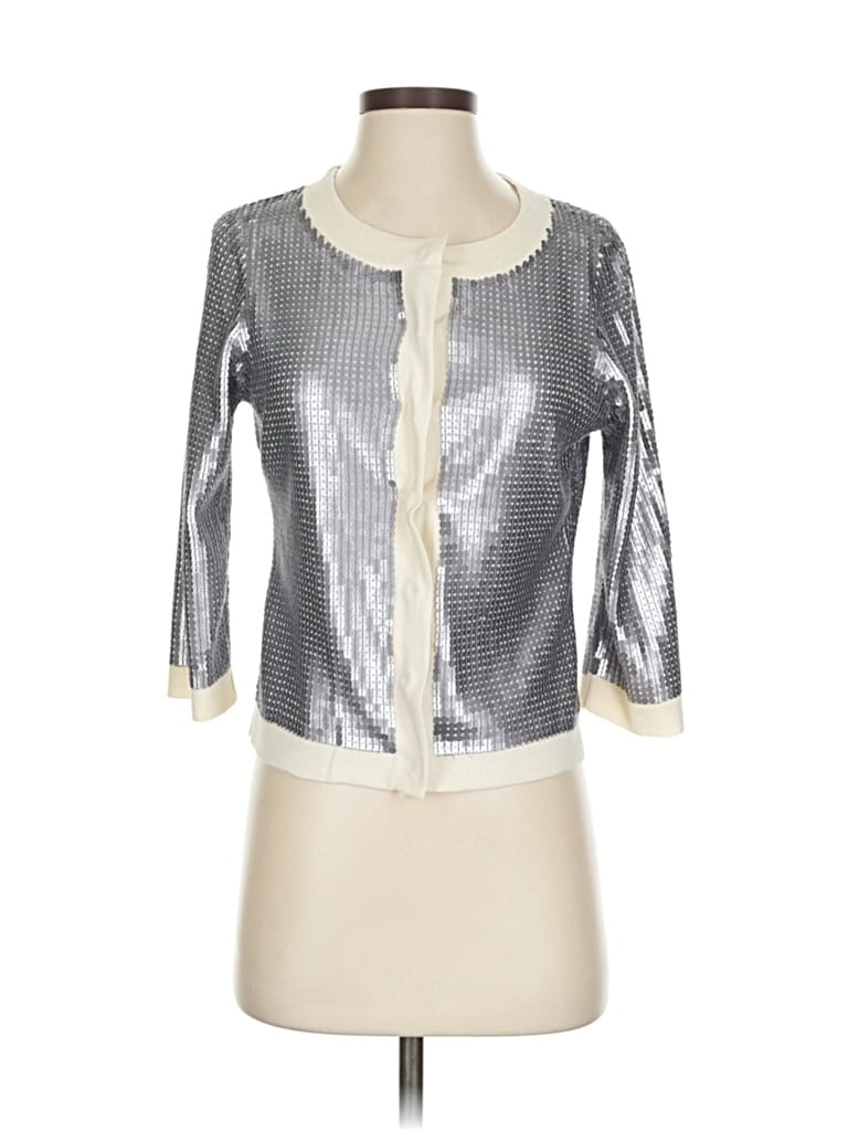 Pre-owned Ann Taylor Loft 3/4 Sleeve Top Silver Metallic Pattern Keyhole Neckline Tops