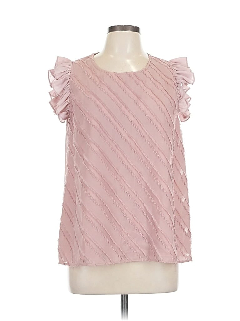 Pre-owned Andree By Unit Short Sleeve Top Pink Ruffles Neckline Tops
