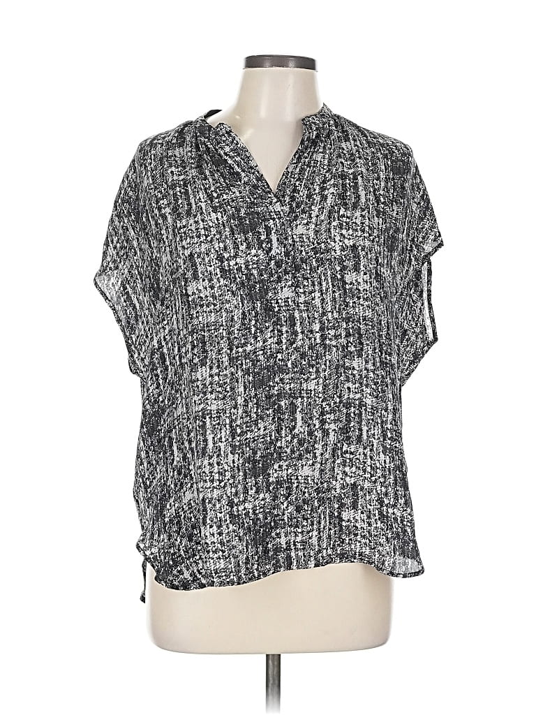 Pre-owned Vince Short Sleeve Silk Top Gray Tweed Pattern Collared Neckline Tops